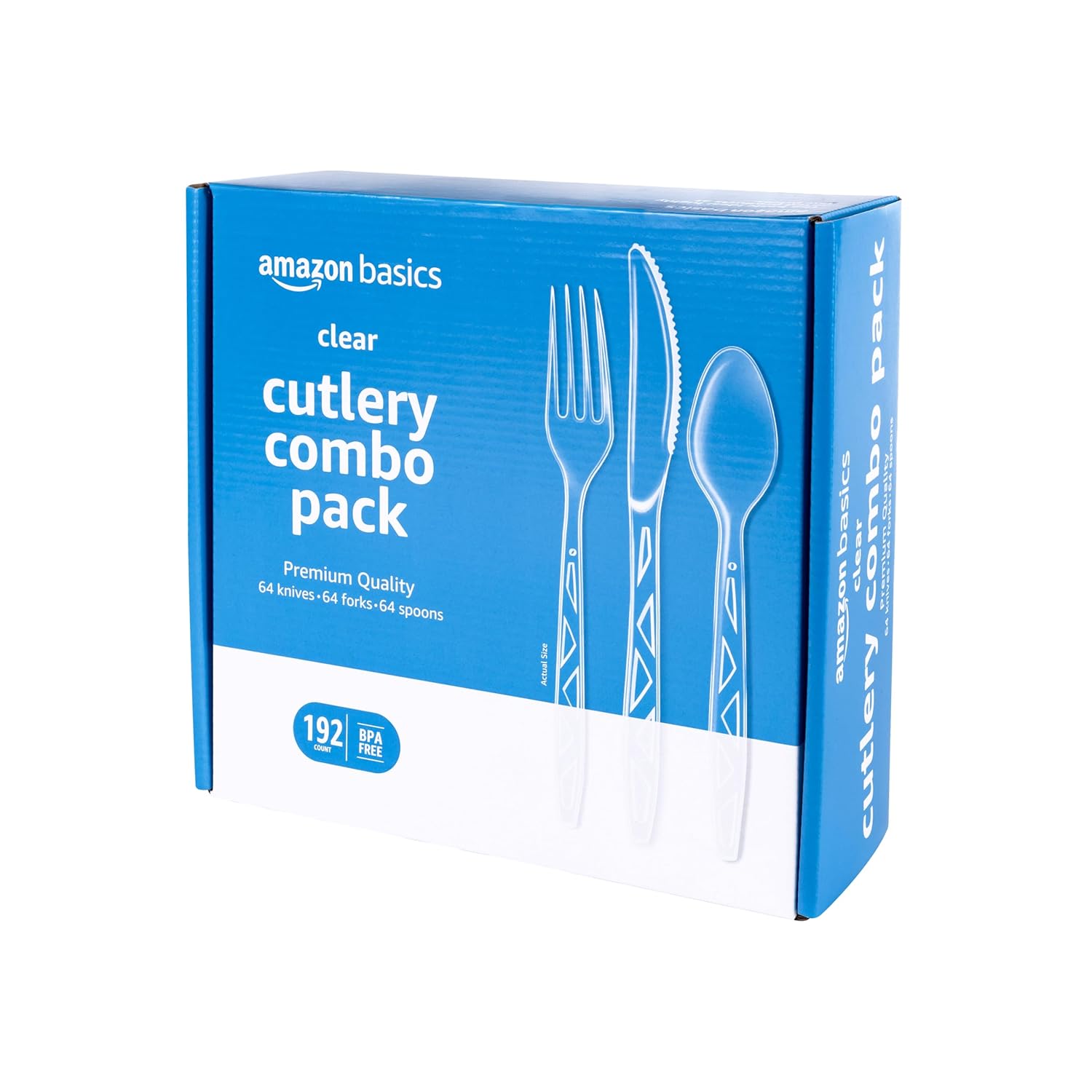 Amazon Basics Disposable Clear Assorted Cutlery Set, Premium Quality, 192 Count, Large Combo Pack Forks, Spoon and Knives Amazon Basics Disposable Clear Assorted Cutlery Set, Premium Quality, 192 Count, Large Combo Pack Forks, Spoon and Knives