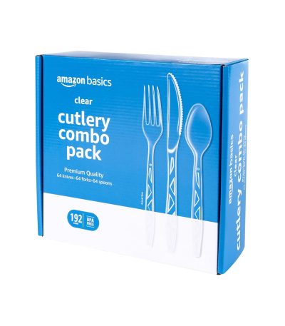 Amazon Basics Disposable Clear Assorted Cutlery Set, Premium Quality, 192 Count, Large Combo Pack Forks, Spoon and Knives